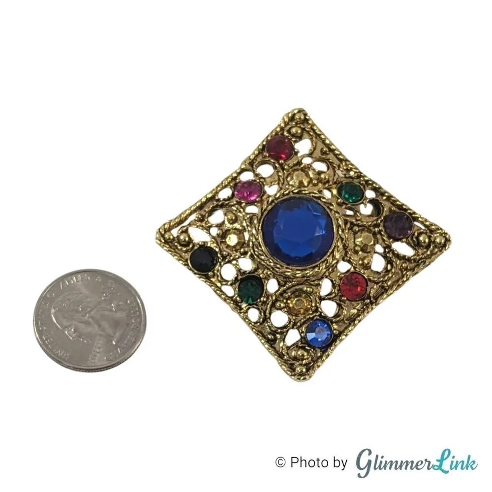 Vintage Multicolor Square Filigree Gold Tone Brooch Pin